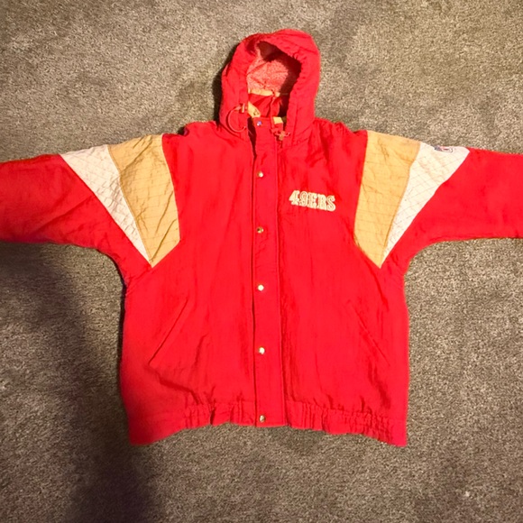 STARTER Red Hooded Bomber Jacket with Tan & White Panels - 49ERS